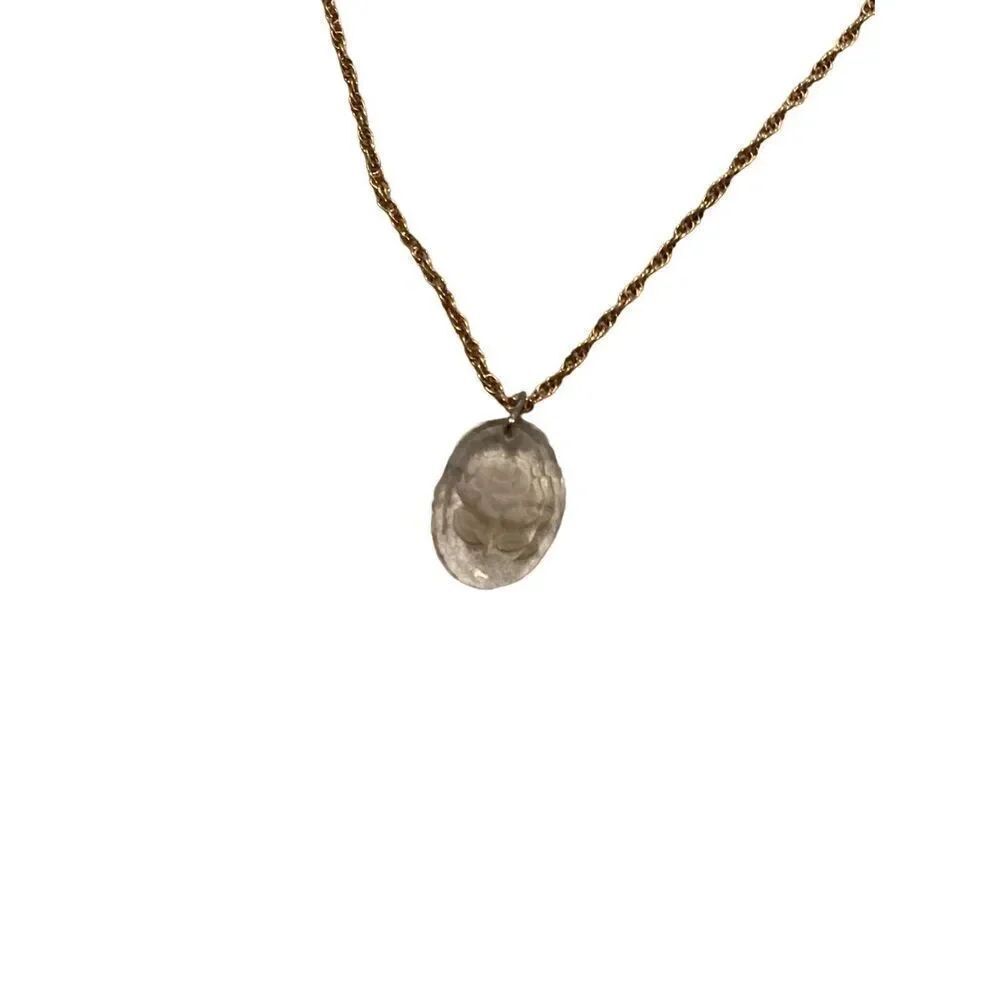 Vintage Etched Rose Glass Necklace Gold Tone Floral